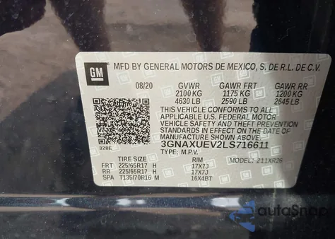 2020 Chevrolet Equinox Awd Lt 1.5L Turbo z USA, uszkodzony, nr VIN 3GNAXUEV2LS716611